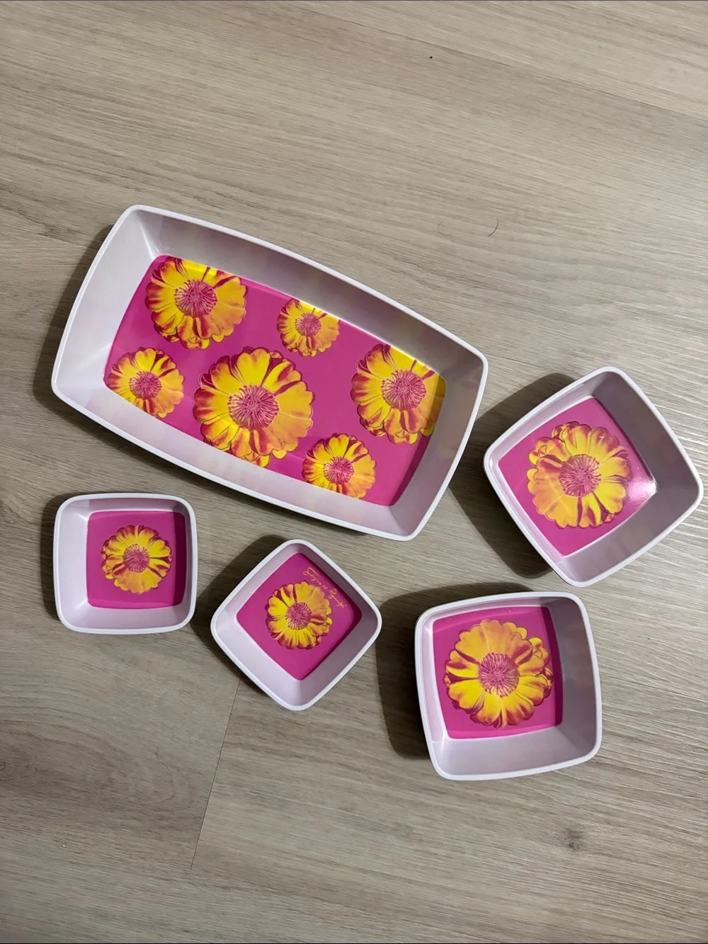 Gold-Lid Party Serving Bowl Set with Pink Floral Trays